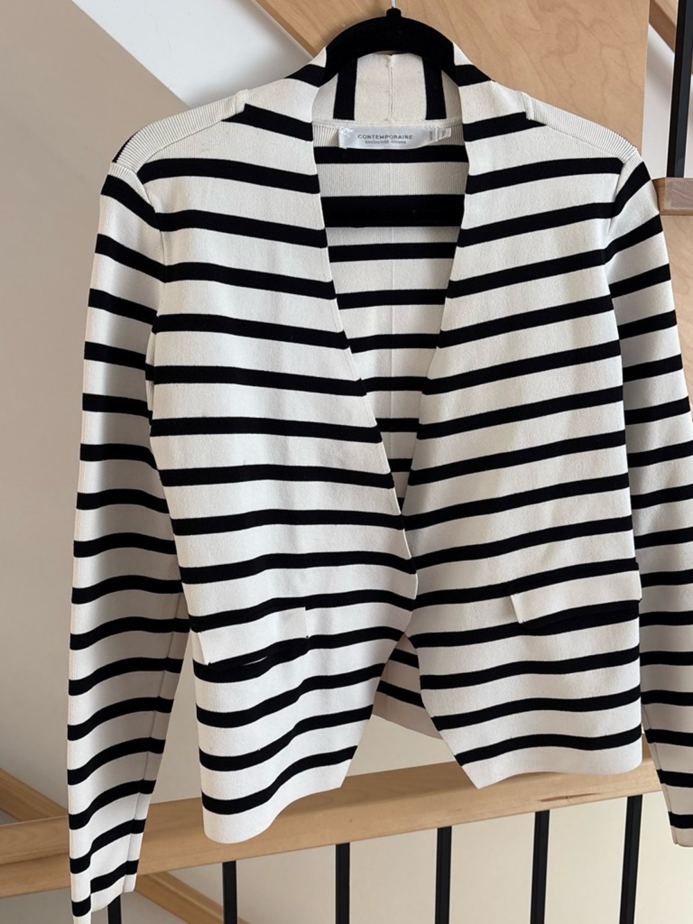 Simons Black & White Striped Open Cardigan